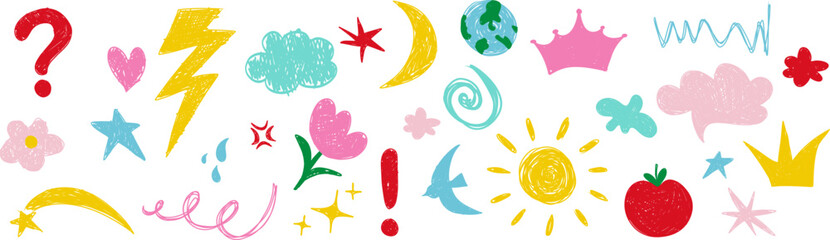 vector of childrens drawings features a charming, naive texture that's perfect for youthful backgrounds. Hand-drawn cartoon scribbles, flowers, and stars populate the pattern, reminiscent of whimsical