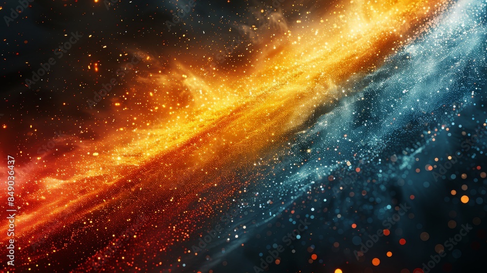Poster high-resolution digital image depicting a cosmic scene with interstellar dust and stars in warm and 