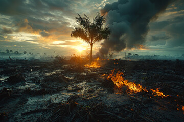 Fototapeta premium Deforested landscape with burning tree. Deforestation concept. Environmental Impacts. Destruction of the biosphere. Ecological problems