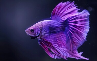 Purple betta fish swimming in aquarium, isolated on black background