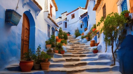 Picture of colorful houses, plants, and pots on the blue staircase in Chefchaouen, Morocco taken on a beautiful day.