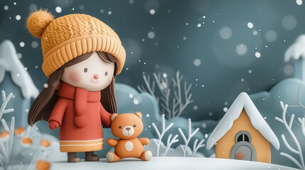 cute girl with her teddy bear friend walking  outdoor snow falling, paper craft cartoon illustration