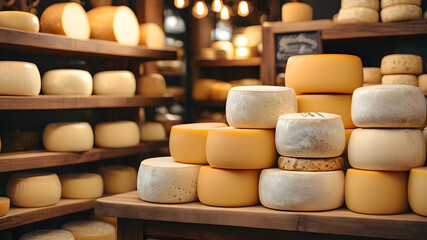 Generate an image of an artisanal cheese shop with wheels of cheese on display.