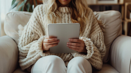 Young woman sitting on the sofa wear bright knitted oversize pullover and using tablet for shopping of reading