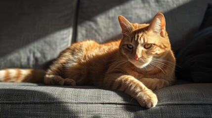 Obraz premium Ginger tabby cat lounging on gray couch under sunlight gazing forward Playing with light and shadow