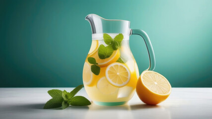 Homemade lemonade with lemon, mint and ice in a glass jug on a white table, blue background. Detox and refreshing concept. Copy space. Drinking regime for health