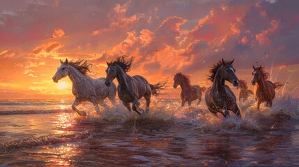 Horses running through ocean waves