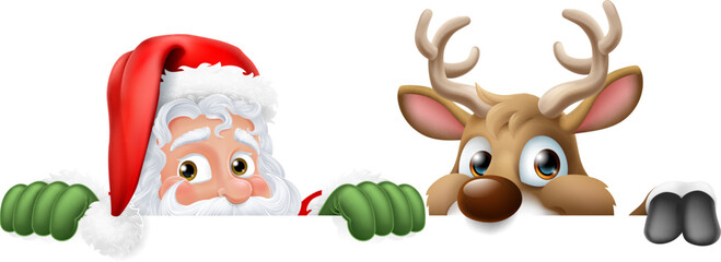Cartoon Santa Claus or Father Christmas and his reindeer peeking over a sign and pointing