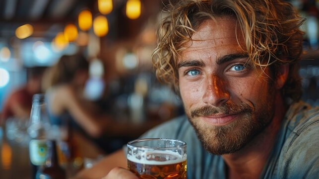 Attractive young man with blue eyes enjoying a beer, smirking at the camera in a pub setting