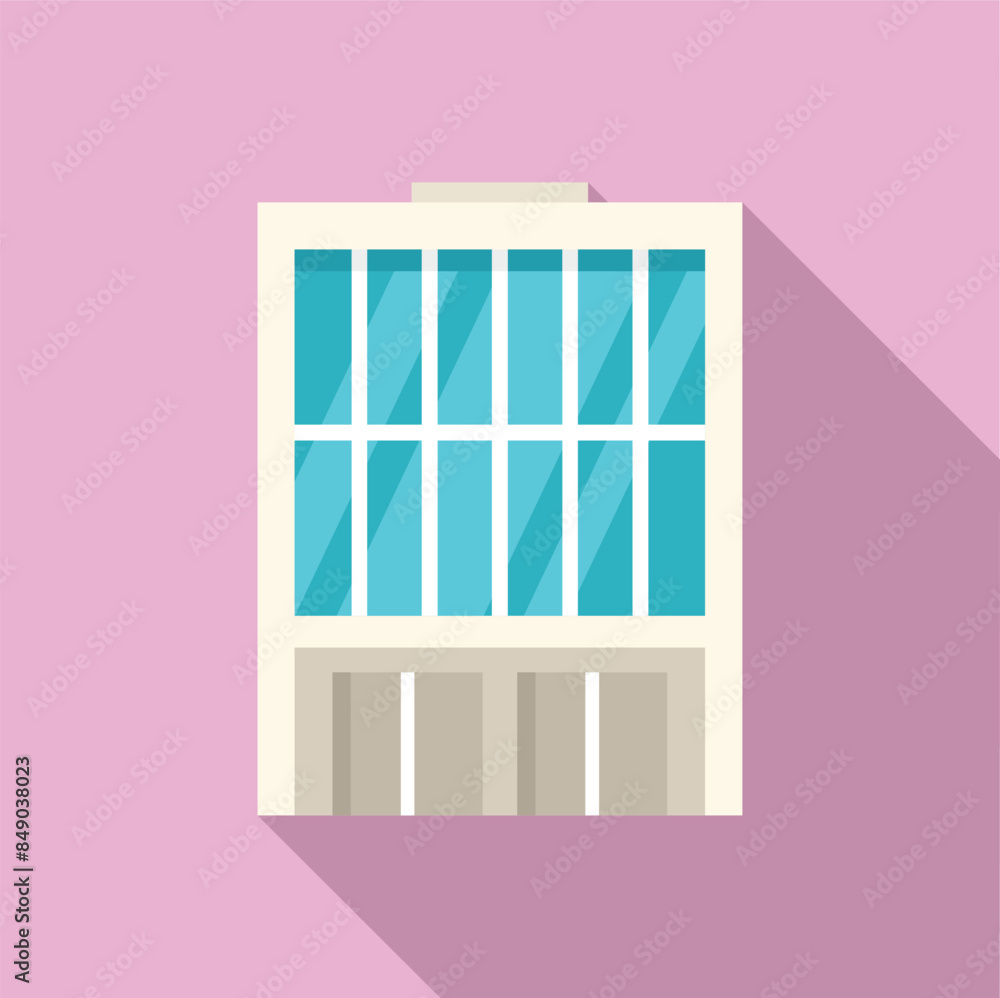 Poster modern office building with a minimalist design and large windows is bathed in sunlight, casting a l