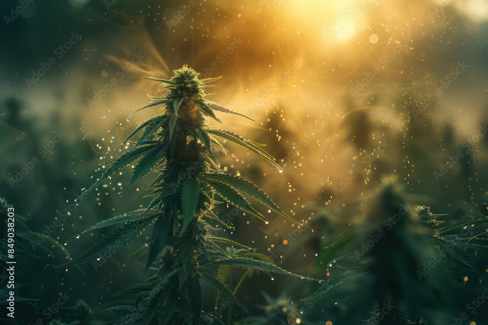 Poster captivating nature image of dew covered plants at dawn with sunlight shining through mist, creating 
