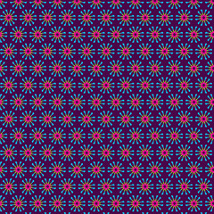 Bright hot pink magenta blue yellow round stylized flowers Abstract mosaic geometric floral pattern