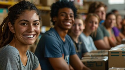 A group of diverse volunteers sorting donations in a community center, smiling and working together, emphasizing unity and generosity