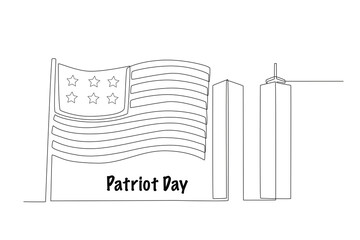 American flag and twin towers of the World Trade Center. Patriot day concept one-line drawing