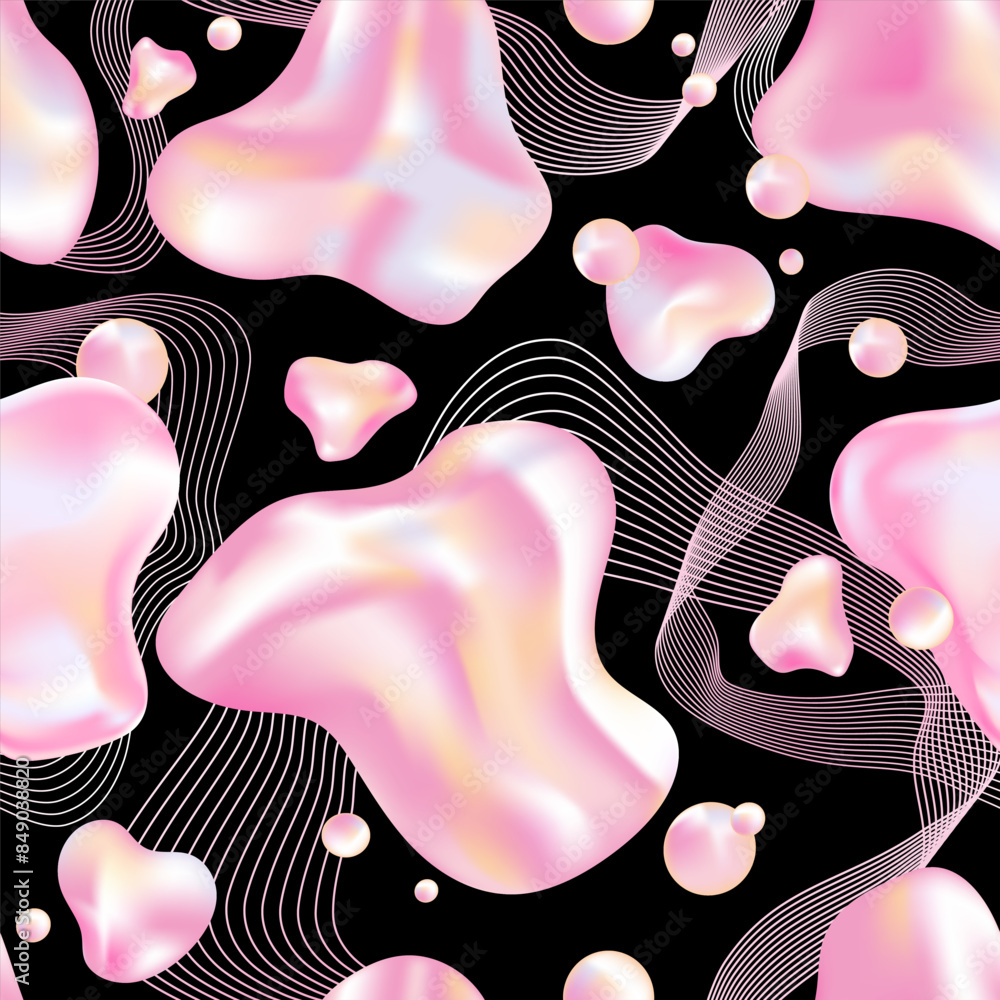 Poster liquid glossy 3d holographic abstract shapes and lines seamless pattern.fluid bubbles abstract backg