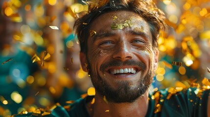 A joyful man immersed in a shower of golden confetti, possibly celebrating a victory or special moment