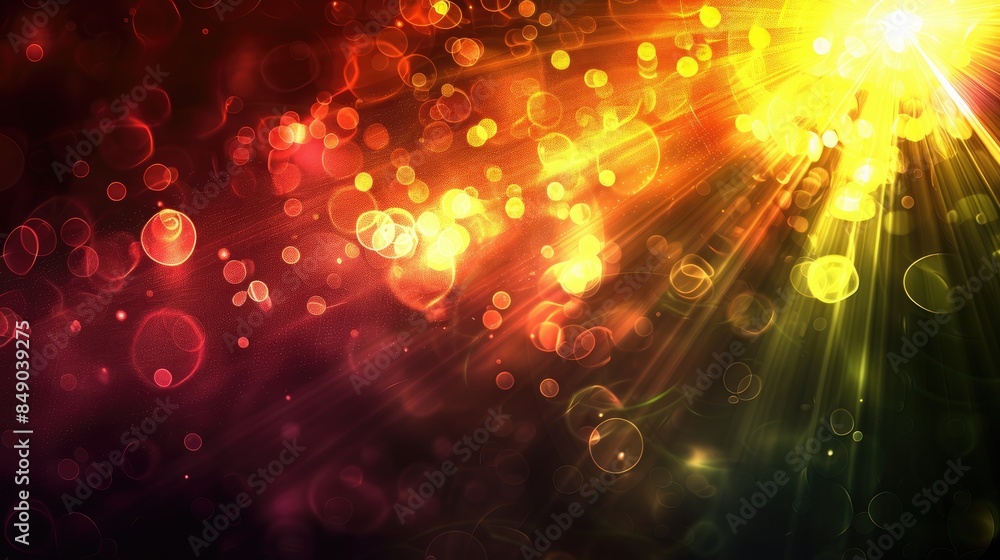 Poster warm and abstract colorful light effect background created by digital lens flare on a black backgrou