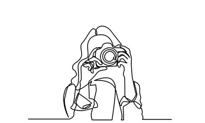 photographer, continuous line drawing professional young girl photographer. woMan-making photos with a camera. Single-line photographer takes pictures using camera isolated on a white background.