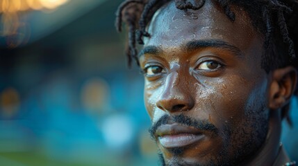 An athlete with focused gaze and sweat on his face, reflecting determination and strength in a competitive setting