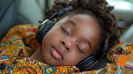 Young child peacefully napping with headphones in a car, enjoying a serene and cozy nap