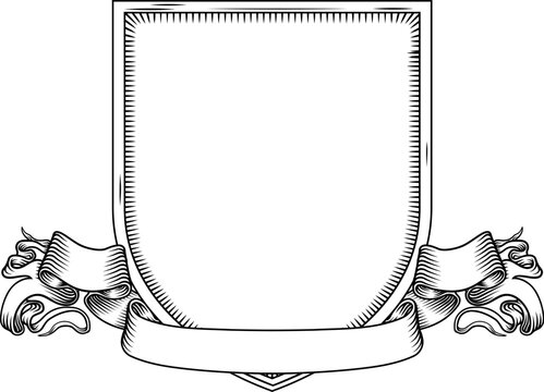 recommend clip art: Coat of arms crest knight family medieval shield and scroll heraldry heraldic armorial motif in a vintage etching engraving woodcut style
