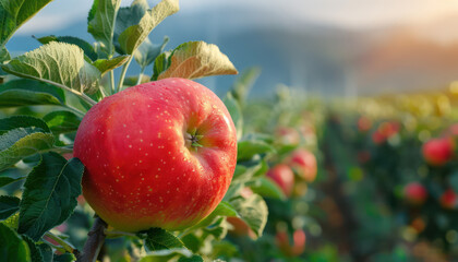 Scenic Apple Orchard at Sunrise with Lush Greenery and Fresh Red Apples on Trees, Perfect for...