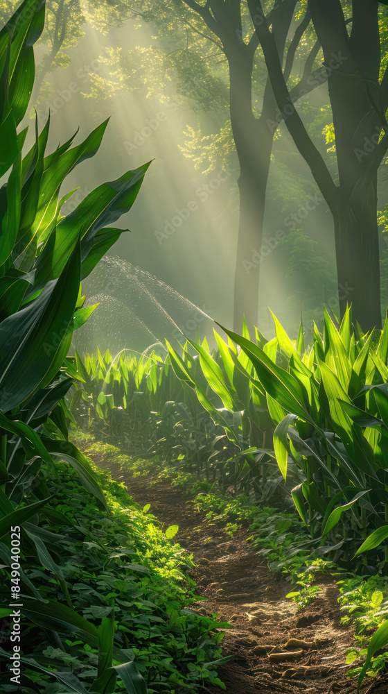 Poster serene forest pathway with sunlight filtering through trees and greenery a tranquil alley surrounded