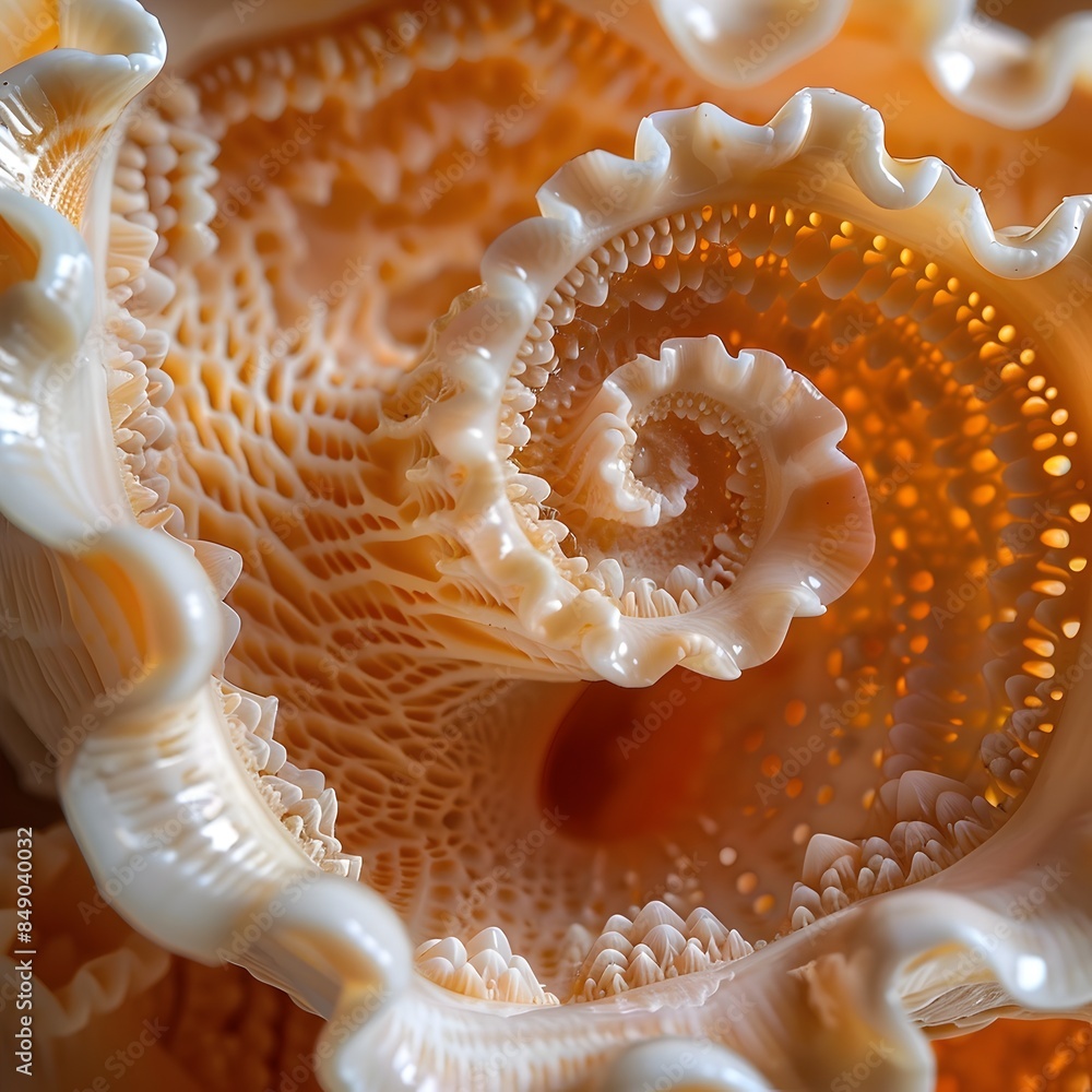 Poster detailed interior of a seashell capturing intricate patterns and smooth surfaces in sharp focus