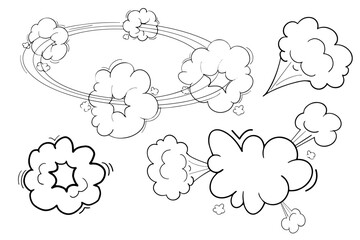 Comic speed motion effect, clouds way, trail set fast wind swirl, puff poof elements isolated on white background. Blow explosion