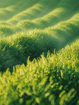 Serene Morning Dew on Lush Green Tea Plantation Hills with Sunlight Streaming Through Mist in a Beautiful Natural Landscape