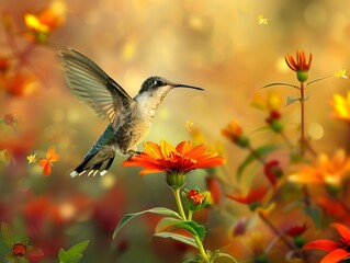 Naklejka premium Hummingbird Feeding on Autumn Flower in Garden Capturing Moment of Graceful Movement