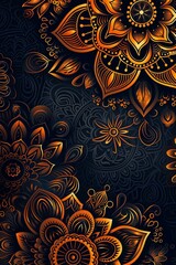 Elegant Indiathemed wallpaper with intricate henna designs, vibrant colors, and cultural patterns, highresolution, isolated background, lots of copy space