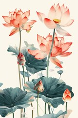 Vibrant Indian wallpaper showcasing detailed lotus flowers, rich colors, and traditional motifs, highquality design, isolated white background, generous copy space