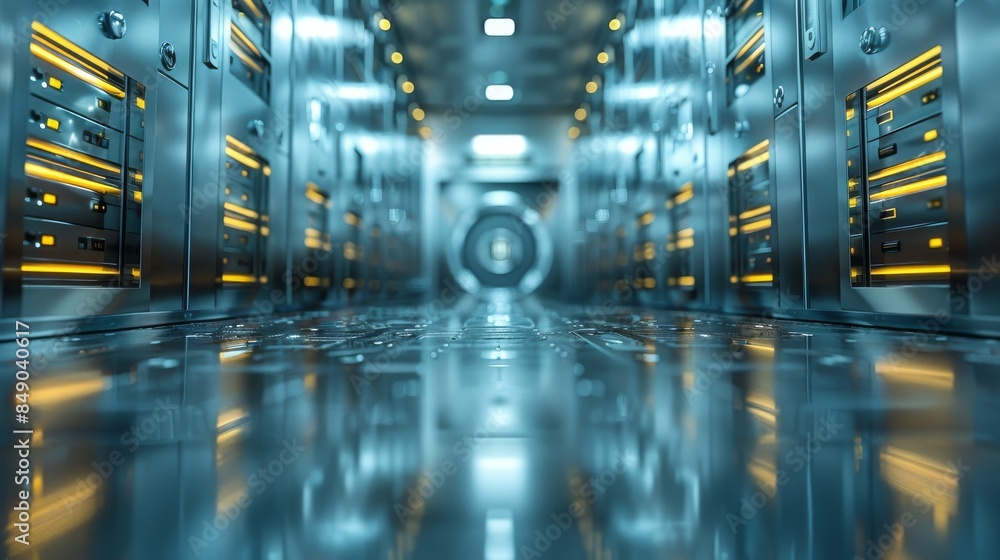 Poster a corridor perspective view inside a futuristic data center with glowing blue server racks