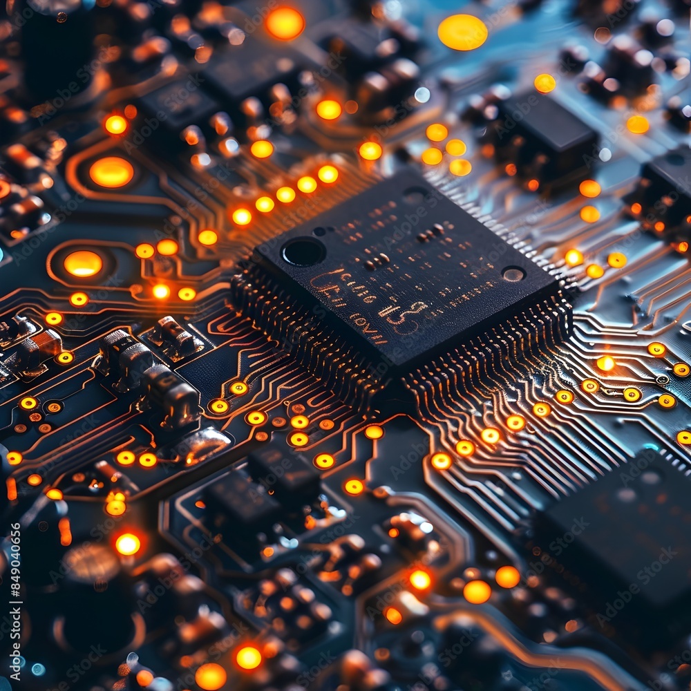 Poster intricate macro shot of electronic circuit board with copper traces and components