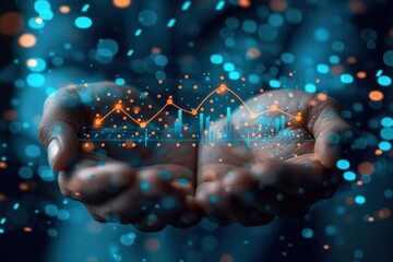 Human hands are depicted holding a holographic projection of financial charts and a cityscape overlay
