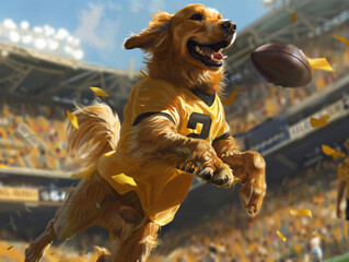 A Labrador Retriever dog plays American football. Artificial intelligence. 