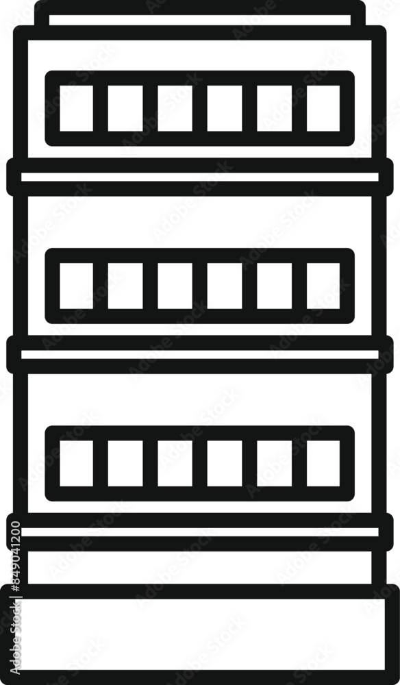 Poster simple line drawing of a three storey building, featuring multiple windows on each floor