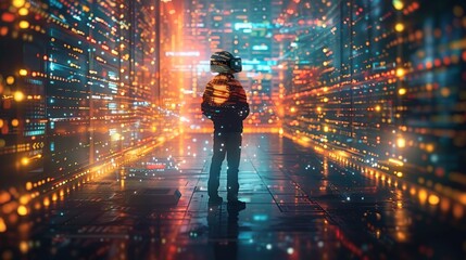 In a captivating tech-savvy scenario, a soldier touches a holographic screen in a digital world