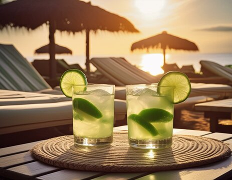 Two mohito drinks on the table at the tropical beach, sunbeds and a sea in background. Sunset beach party.