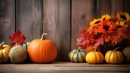 autumn pumpkins and fall decor on a rustic wood background with copy space
