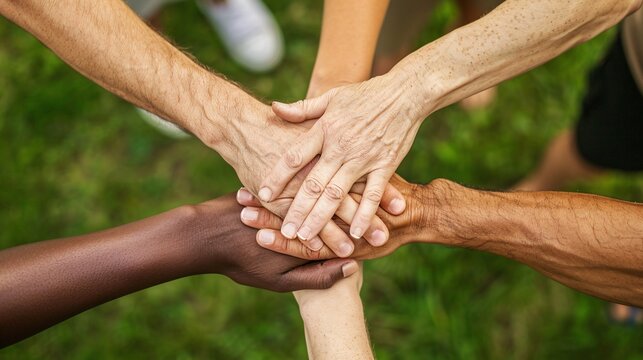 A diverse group of volunteers holding hands in solidarity, representing unity and the global impact of charity