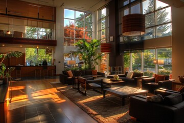 Spacious and contemporary hotel entrance with reception and lounge area during sunset