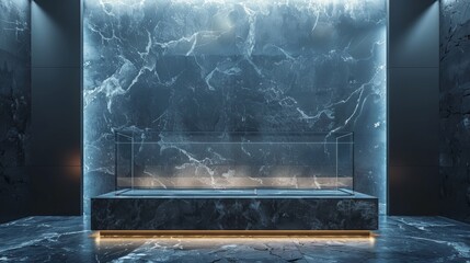 A contemporary glass display case stands within a luxurious marble interior, providing a sense of modernity and elegance for showcasing items