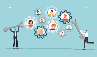 Partnership for workforce distribution, team structure changes to improve efficiency, organization restructuring, creating optimal working conditions, men with wrenches near mechanism with employees.