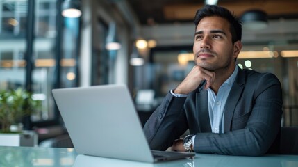 A man is sitting at a desk with a laptop in front of him