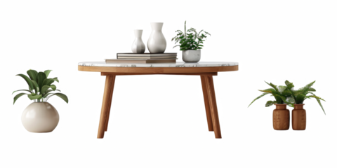 A white coffee table sits in front of a potted plant and two vases