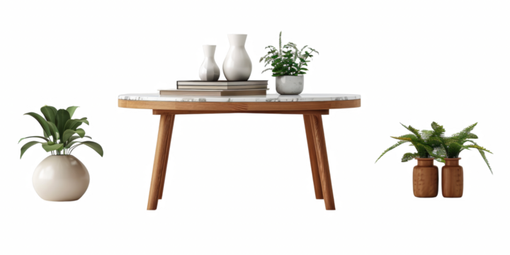 A white coffee table sits in front of a potted plant and two vases