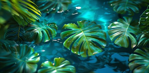 Tropical Leaves Floating on Teal Water