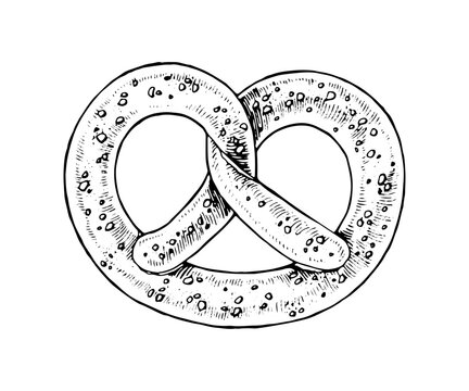 recommend clip art: Pretzel Vector hand drawn illustration. Brezel sketch drawing. Vintage white and black line art on background. Clipart of german food for bakery graphic design. Beer party pastry salty snack